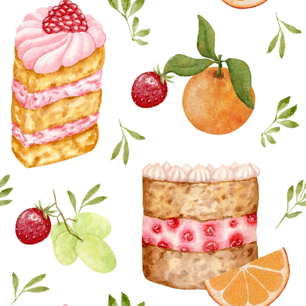 Watercolor Seamless Pattern Raspberry Cherry Cake Патерн Orange Grape Citrus — стокове фото