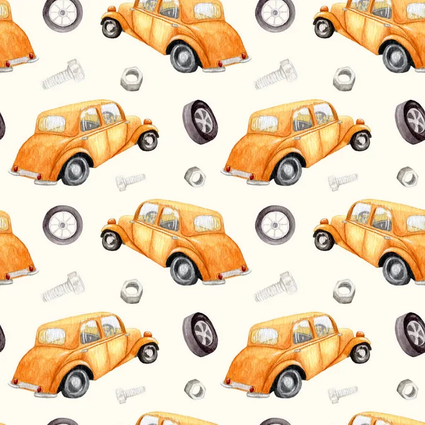 Watercolor retro cars. Seamless children\'s pattern with different machines. Hand painted retro car pattern. Retro transport. Brown car with nuts and screws