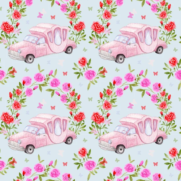 Watercolor retro cars. Hand painted retro car pattern. Wedding vintage pink car with an arch of rose flowers. Wedding seamless pattern with butterflies and flowers