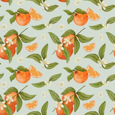 Suluboya portakallı meyve pürüzsüz desen. Çiçekli portakal dalı. Bir dilim turunçgil. Menüler, tekstil, kırtasiye ve ambalaj için yumuşak yaz arkaplanı