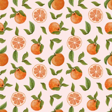 Portakallı ve yapraklı suluboya desenli. Citrus parlak deseni. Portakallı, mandalinalı ve yapraklı. Suluboya meyve arka planı. Sağlıklı gıda tasarımı ve menüsü için organik ürün