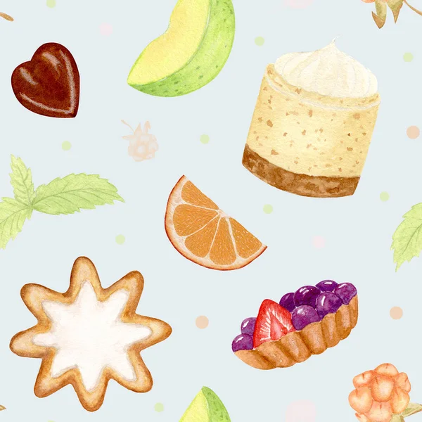 Akvarell Zökkenőmentes Minta Tortával Citrusszelet Mentalevél Mézeskalács Csokis Cukorka Házi — Stock Fotó