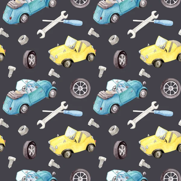 Watercolor retro cars. Seamless children\'s pattern with different machines. Hand painted retro car pattern. Retro transport. Machines with a folding top. Nut, screws, screwdriver and wrench