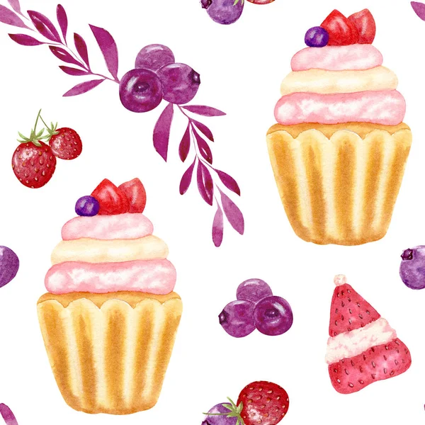 Akvarell Sömlöst Mönster Med Muffins Akvarell Handmålning Med Frukt Cupcakes — Stockfoto