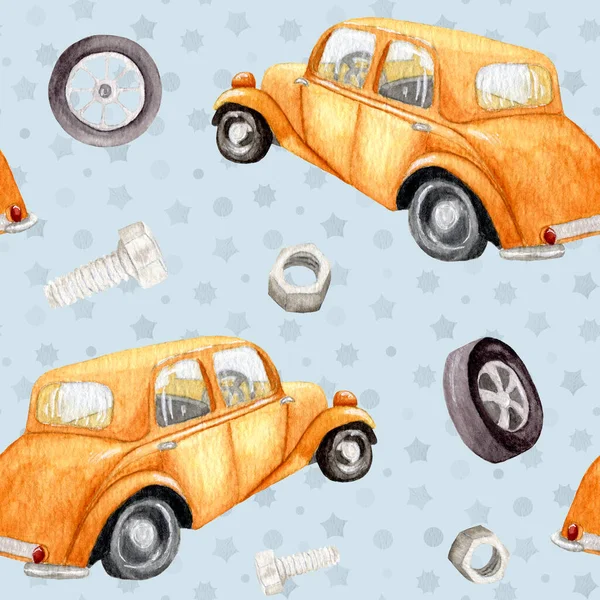 Watercolor retro cars. Seamless childrens pattern with different machines. Hand painted retro car pattern. Retro transport. Brown car with nuts and screws