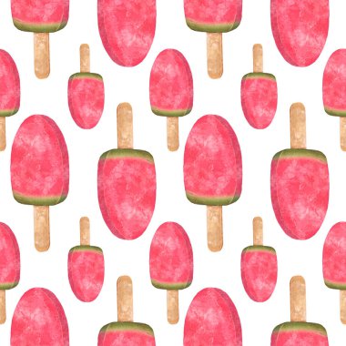 Karpuzlu dondurmalı suluboya desenli. Çubukta karpuzlu dondurma. Çubuktaki karpuz buzu