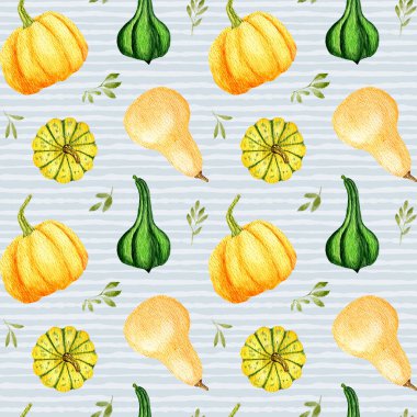 Çizgili arka planda turuncu ve yeşil balkabağı. Balkabaklarıyla sulu boya deseni. Şükran Günü ve Cadılar Bayramı için sonbahar tasarımı. Menüler, kapaklar ve ambalajlar için tasarım. Organik sebze.