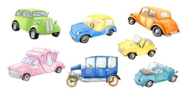 Big set with cars. Illustration of Watercolor Machines. Vintage transport for children. Design for stickers, icon