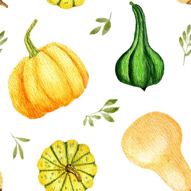 Balkabaklarıyla sulu boya deseni. Şükran Günü ve Cadılar Bayramı için sonbahar tasarımı. Menüler, kapaklar ve ambalajlar için tasarım. Organik sebze bahçesi yemekleri.