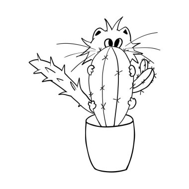 Cat. Funny fat doodle cat. Clipart. Vector illustration of a cat with a cactus