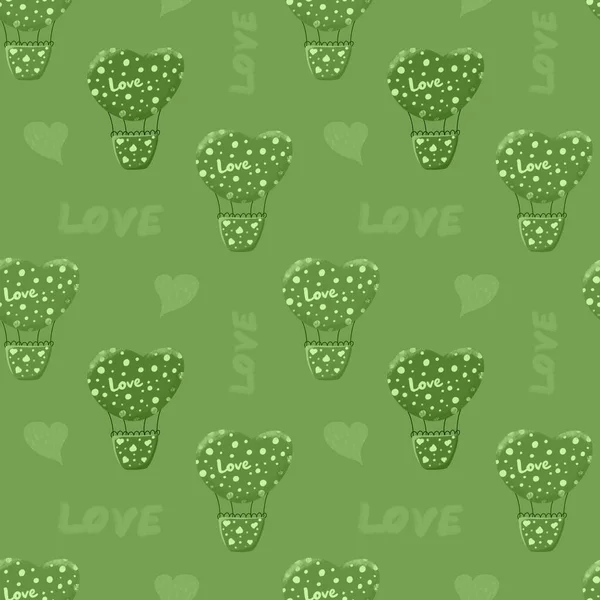 Seamless pattern with green air balloons. Balloon heart with a basket. Design for Valentines Day and wedding. Pattern for textiles, stationery, patchwork and scrapbooking