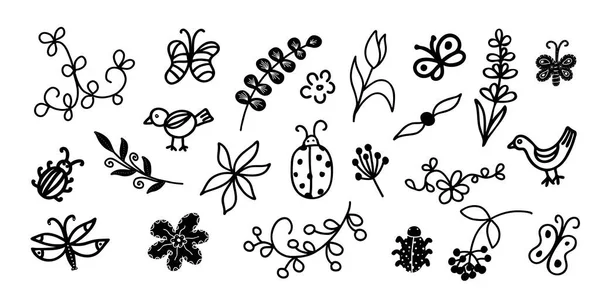 Big Set Vector Plants Insects Butterflies Doodle Illustration Various Flowers — Wektor stockowy