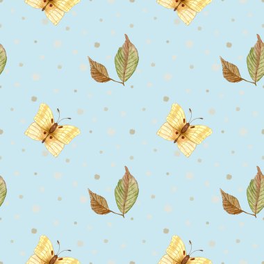 Yellow autumn butterfly. Seamless watercolor pattern with butterfly and leaves
