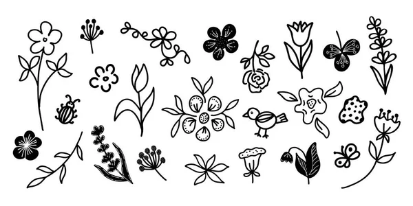 Large Set Various Flowers Twigs Clip Art Doodle Style Vector — Wektor stockowy