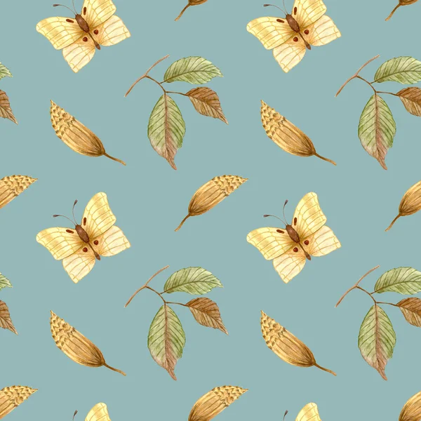 Żółty Jesienny Motyl Płynny Wzór Akwareli Motylem Liści Niebieskim Tle — Zdjęcie stockowe