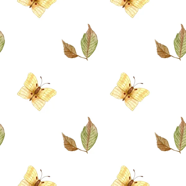 Yellow Autumn Butterfly Seamless Watercolor Pattern Butterfly Leaves — Stock fotografie