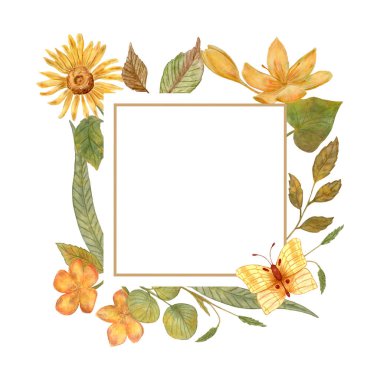 Sonbahar suluboya kare, dal ve ayçiçeği çerçevesi. Sonbahar Portakal Çiçekleri, Sarı Kelebekler. Davetiyeler, tebrik kartları, posterler için dekorasyon