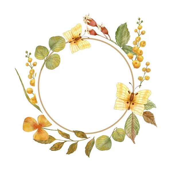 小枝や花の秋の水彩画のリース 秋のオレンジ色の蝶 犬のバラと黄色の花の小枝 招待状 グリーティングカード ポスター — ストック写真