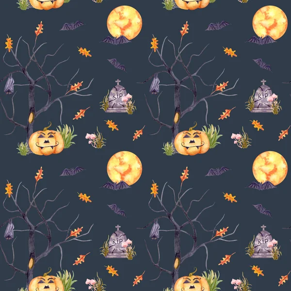 Счастливого Хэллоуина Бесшовный Акварельный Узор Тыквенным Валетом Летучими Мышами Акварель — стоковое фото