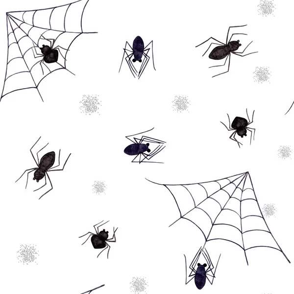 Happy Halloween. Seamless Watercolor Pattern with Black Spiders and Webs. Watercolor Scary Illustration for Halloween