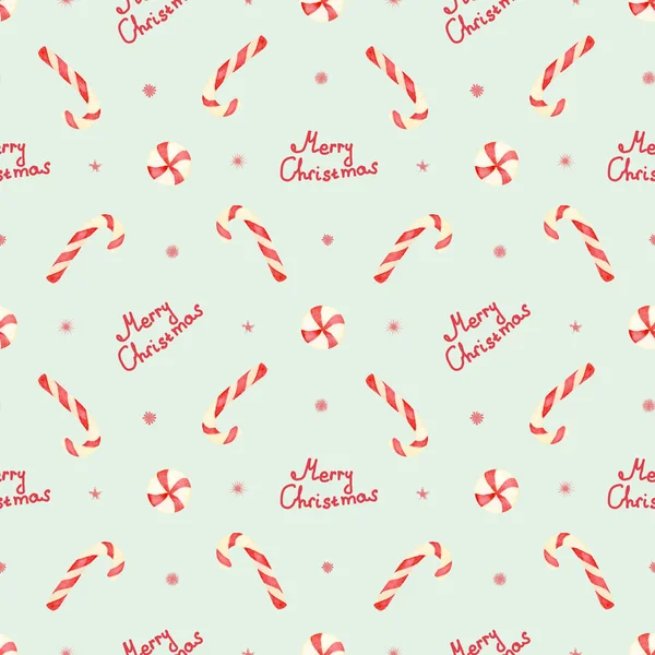 水彩画圣诞无缝图案与糖果 带条纹红棒棒糖的图案 圣诞快乐 寒假图解 包装及纺织品设计 — 图库照片