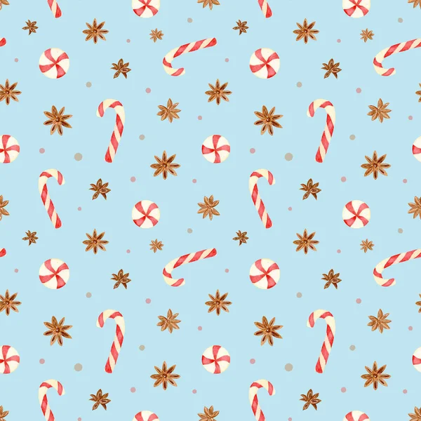 水彩画圣诞无缝图案与糖果和茴香 带条纹红棒棒糖的图案 寒假图解 包装及纺织品设计 — 图库照片