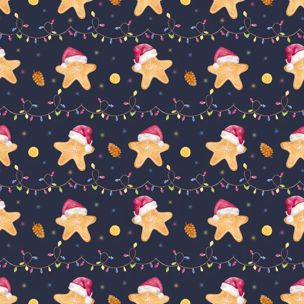 姜饼图案 圣诞水彩画 圣诞老人和加兰的无缝图案 纺织品和文具的设计 — 图库照片