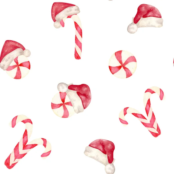 Akvarell Jul Sömlöst Mönster Med Candy Canes Och Santa Hat — Stockfoto