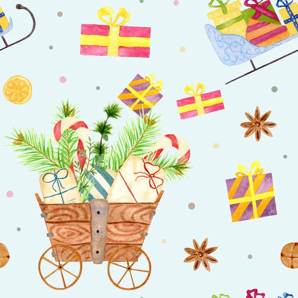 水彩画圣诞无缝图案与雪橇和礼物 云杉分枝和糖果的图案 寒假图解 包装及纺织品设计 — 图库照片