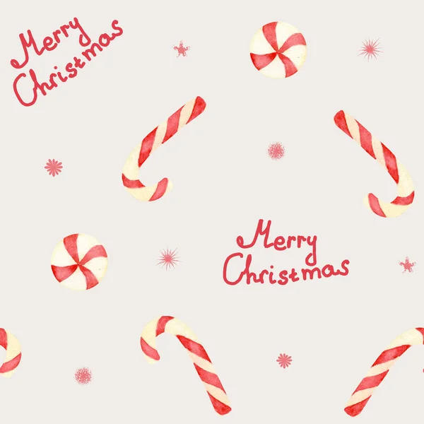 水彩画圣诞无缝图案与糖果 带条纹红棒棒糖的图案 圣诞快乐 寒假图解 包装及纺织品设计 — 图库照片
