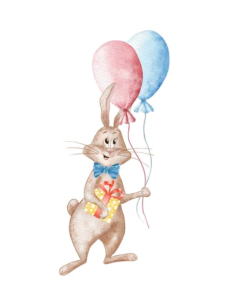 Funny Watercolor Bunny with Balloons and a Gift. Festive Rabbit With Bow.. Illustration of Rabbit Isolated on White Background. Children\'s Illustration of a Pet. Animal. Brown Rabbit.