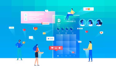 Sosyal medya uygulama simgeleriyle çalışan insanlar