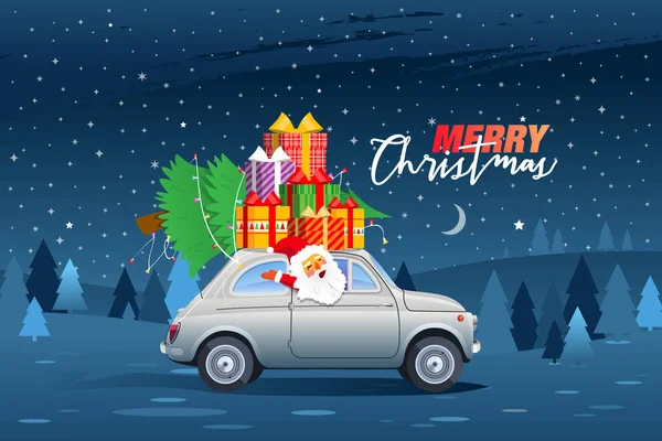 Retro-Auto mit Weihnachtsbaum und Geschenkschachteln — Stockvektor