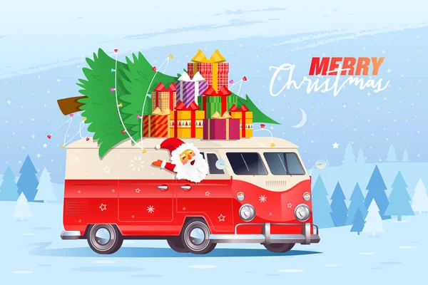 Happy Santa Claus driving retro red wagon car — Stock Vector