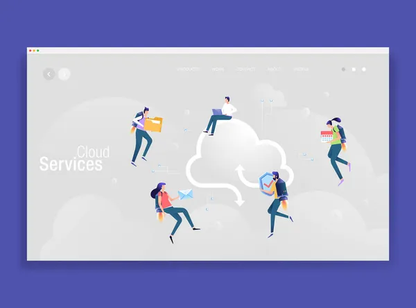 Cloud computing service, groupe de personnes travaillant ensemble — Image vectorielle