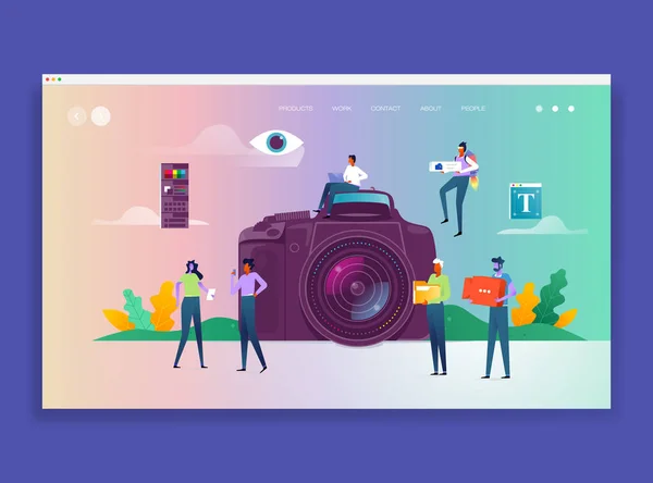 Fotokamera Social-Media-Konzeptgruppe von Menschen, die zusammenarbeiten — Stockvektor