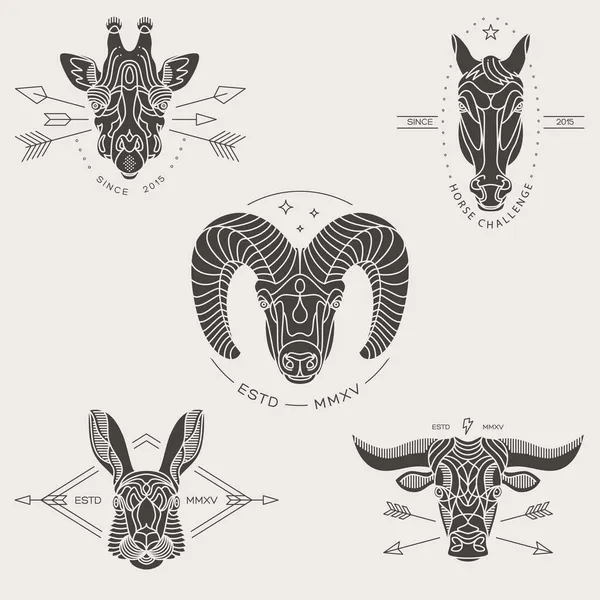 Etiquetas y distintivos de animales de línea fina vintage — Vector de stock