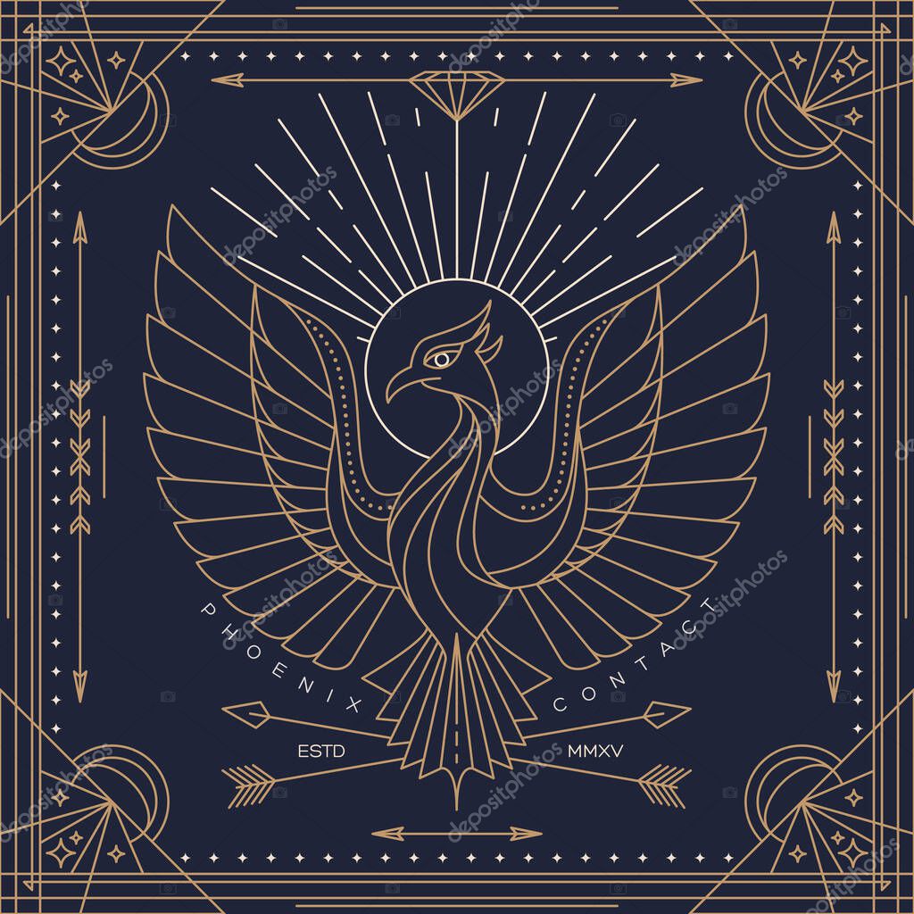 Vintage thin line phoenix label. Retro vector design graphic element, badge, emblem, logo, insignia, sign, identity, logotype, poster. Stroke hipster illustration with typographic for t-shirt prints.