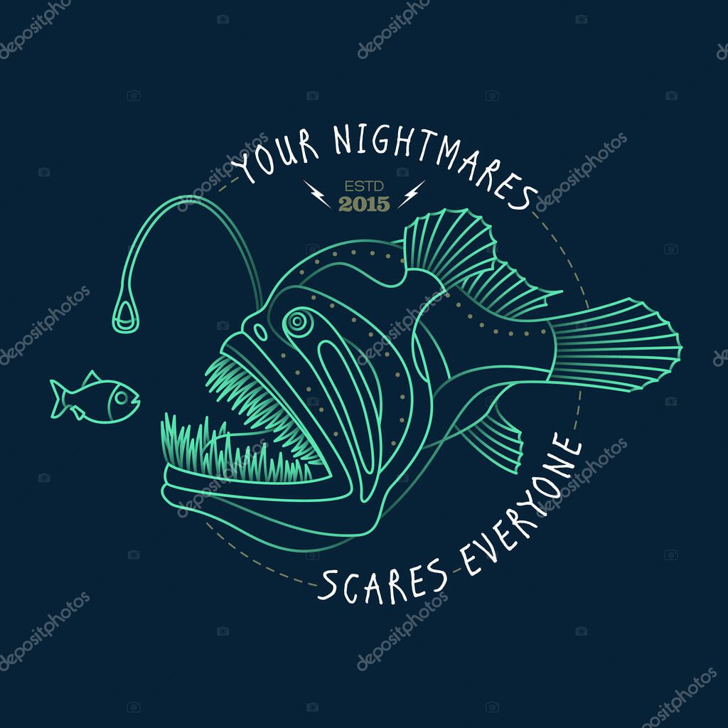Vector illustration of thin line angler fish icon with shadows. Fish and sea food graphic design logo, label, badge, sticker, emblem, sign, identity.