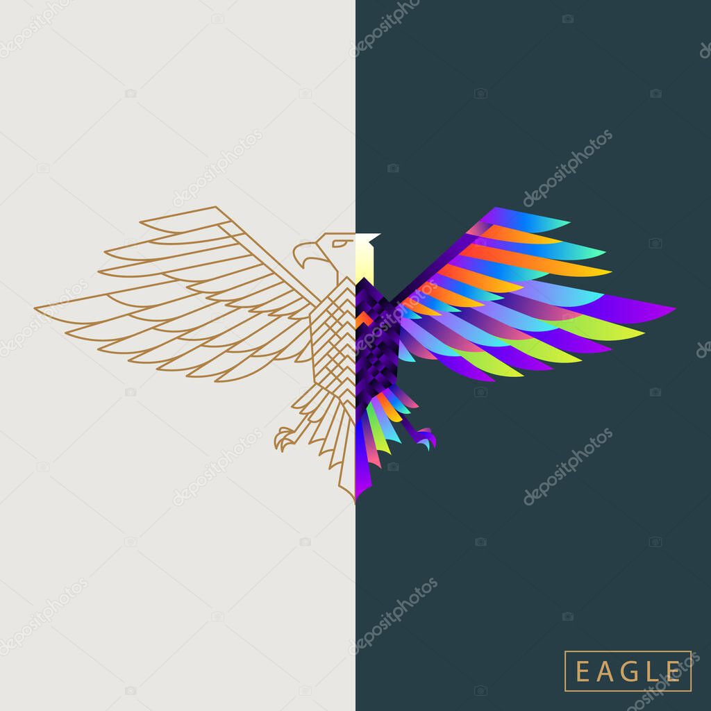 Thin line and abstract eagle concept with gradient. Multicolored bird design logo, label, sticker. Vector stock illustration