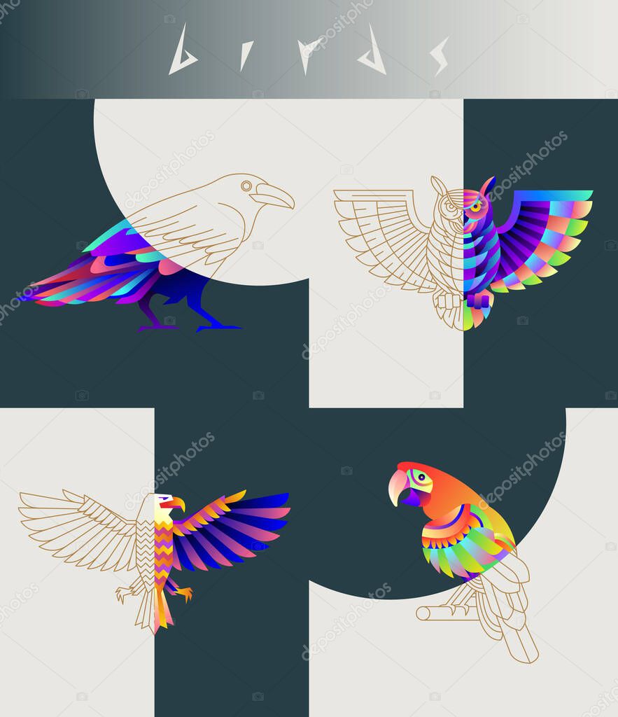 Set of multicolored and thin line bird icons. Abstract design logo, badge, label, sticker. Vector stock illustration. Raven, eagle, owl, parrot