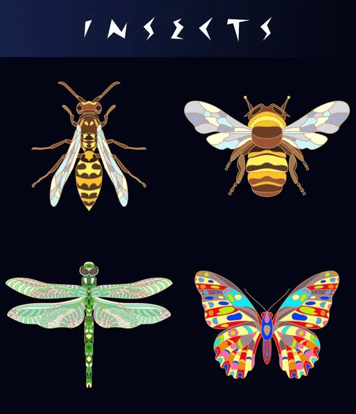 Conjunto Coloridos Iconos Insectos Línea Delgada Logotipo Diseño Abstracto Pegatina — Archivo Imágenes Vectoriales