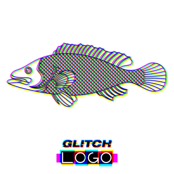 Glitch effect fish and sea life logo — 스톡 벡터
