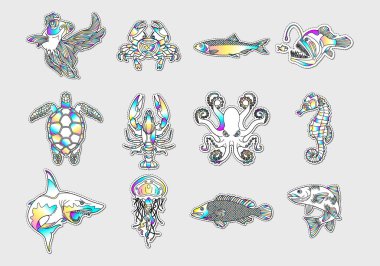 Soyut grafik tasarım balık ve deniz yaşamı yamaları