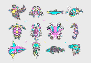 Soyut grafik tasarım balık ve deniz yaşamı yamaları