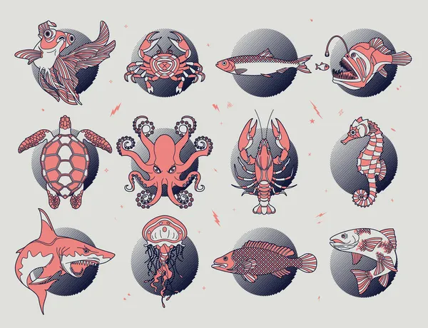 Ilustración abstracta de peces y vida marina — Vector de stock