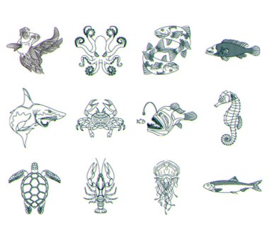 Arıza efekti balık ve deniz yaşamı logoları