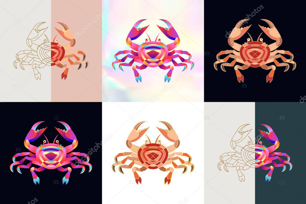 Set of crab logos. Abstract design thin line icons, patches, badges, labels and stickers. Vector illustration.