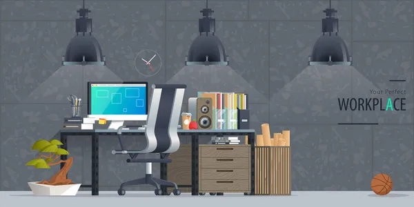 Oficina lugar de trabajo diseño de interiores — Vector de stock