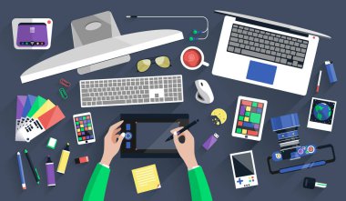 Düz dizaynlı bir tasarımcının çalışma yeri